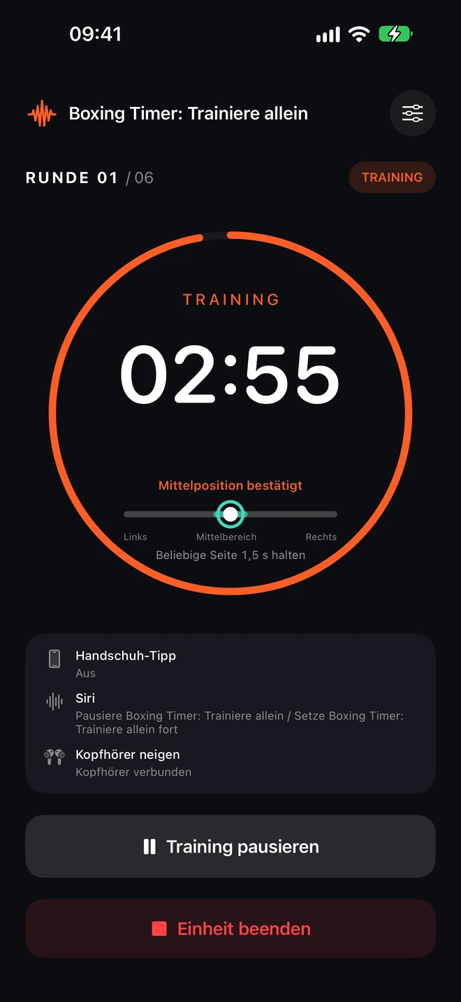 Tatsächlicher Boxing-Timer-Bildschirm mit großer Restzeitanzeige und Pausensteuerung