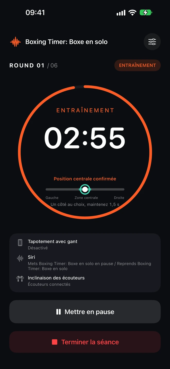 Écran réel de Timer Boxe avec grand compte à rebours et commandes de pause